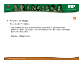 33
Prevención de laFatiga
Organización del Trabajo:
Módulo Ergonomía Básica
• Reducción del esfuerzo muscular, control automático de los movimientos,
distribución de los esfuerzos en los diferentes músculos del cuerpo, eliminación
de movimientos inútiles.
• Descanso fatiga psíquica
 
