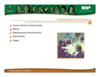34
Turnos nocturnos, diurnos mixtos.
Ritmos.
Alteraciones del ritmo del sueño.
Sobre tiempo.
Tareas.
ORGANIZACIÓN DEL TRABAJO
Módulo Ergonomía Básica
 