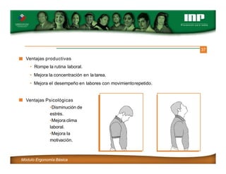 37
Ventajas productivas
• Rompe la rutina laboral.
• Mejora la concentración en la tarea.
• Mejora el desempeño en labores con movimientorepetido.
Ventajas Psicológicas
•Disminución de
estrés.
•Mejora clima
laboral.
•Mejora la
motivación.
Módulo Ergonomía Básica
 