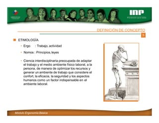 5
ETIMOLOGÍA
• Ergo : Trabajo, actividad
• Nomos : Principios,leyes
DEFINICIÓN DE CONCEPTO
• Ciencia interdisciplinaria preocupada de adaptar
el trabajo y el medio ambiente físico laboral, a la
persona, de manera de optimizar los recursos y
generar un ambiente de trabajo que considere el
confort, la eficacia, la seguridad y los aspectos
humanos como un factor indispensable en el
ambiente laboral.
Módulo Ergonomía Básica
 