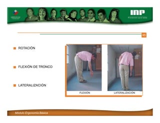 45
ROTACIÓN
FLEXIÓN DE TRONCO
LATERALIZACIÓN
FLEXIÓN LATERALIZACIÓN
Módulo Ergonomía Básica
 