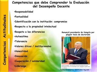 Competencias que debe Comprender la Evaluación
del Desempeño Docente
CompetenciasActitudinales
•Responsabilidad
•Respeto a las diferencias
•Puntualidad
•Identificación con la institución: compromiso
•Respecto a la propiedad intelectual
•Tolerancia
•Autoestima
•Valores éticos / institucionales
•Honestidad
•Innovación
•Cooperación / solidaridad
•Liderazgo
Fuente: El Comercio, 03.04.2012. Pág.A15
Renunció presidente de Hungría por
plagiar tesis de doctorado
 