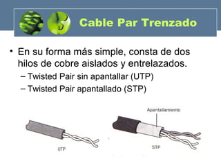 Cable Par Trenzado
• En su forma más simple, consta de dos
hilos de cobre aislados y entrelazados.
– Twisted Pair sin apantallar (UTP)
– Twisted Pair apantallado (STP)
 