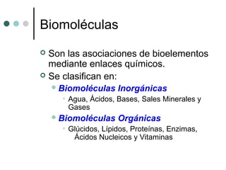 Biomoléculas
 Son las asociaciones de bioelementos
mediante enlaces químicos.
 Se clasifican en:
Biomoléculas Inorgánicas
• Agua, Ácidos, Bases, Sales Minerales y
Gases
Biomoléculas Orgánicas
• Glúcidos, Lípidos, Proteínas, Enzimas,
Ácidos Nucleicos y Vitaminas
 