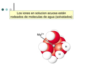 Los iones en solucion acuosa están
rodeados de moleculas de agua (solvatados)
 