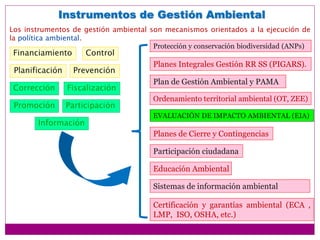 Instrumentos de Gestión Ambiental
Los instrumentos de gestión ambiental son mecanismos orientados a la ejecución de
la política ambiental.
Planificación
Promoción
Prevención
Control
Corrección
Información
Financiamiento
Participación
Fiscalización
Ordenamiento territorial ambiental (OT, ZEE)
EVALUACIÓN DE IMPACTO AMBIENTAL (EIA)
Planes de Cierre y Contingencias
Certificación y garantías ambiental (ECA ,
LMP, ISO, OSHA, etc.)
Educación Ambiental
Sistemas de información ambiental
Plan de Gestión Ambiental y PAMA
Participación ciudadana
Planes Integrales Gestión RR SS (PIGARS).
Protección y conservación biodiversidad (ANPs)
 