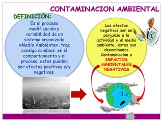 Los efectos
negativos son un
perjuicio a la
actividad y al medio
ambiente, estos son
denominados
Contaminación o
IMPACTOS
AMBIENTALES
NEGATIVOS
CONTAMINACION AMBIENTAL
Es el proceso
modificación y
variabilidad de un
sistema organizado
«Medio Ambiente», trae
consigo cambios en el
comportamiento y el
proceso; estos pueden
ser efectos positivos o/y
negativos.
DEFINICIÓN:
 