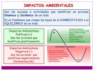 •Extinción de especies
•Desequilibrio atmosférico
•Contaminación por residuos
•Contaminación por desagües
•Desempleo, Pobreza
•Analfabetismo
•Enfermedad, etc.
Homeostasis Equilibrio
_
•Ambiente Inalterado
•Incremento de biodiversidad
•Buena Calidad de Agua
•Empleo
•Ingresos económico
•Nivel de educación
•Comunicación
•Salud y seguridad, etc.
+
Impactos Ambientales
Negativos (-)
Son los acciones que
modifican negativamente
(Contaminación).
Son los sucesos o actividades que modifican un proceso
Dinámico y Sistémico de un todo.
Es un fenómeno que rompe las leyes de la HOMEOSTASIS o el
EQUILIBRIO de un todo.
IMPACTOS AMBIENTALES
Impactos Ambientales
Positivos (+)
Son las acciones que
modifican positivamente.
 