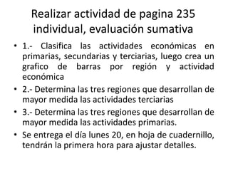 Realizar actividad de pagina 235 
individual, evaluación sumativa 
• 1.- Clasifica las actividades económicas en 
primarias, secundarias y terciarias, luego crea un 
grafico de barras por región y actividad 
económica 
• 2.- Determina las tres regiones que desarrollan de 
mayor medida las actividades terciarias 
• 3.- Determina las tres regiones que desarrollan de 
mayor medida las actividades primarias. 
• Se entrega el día lunes 20, en hoja de cuadernillo, 
tendrán la primera hora para ajustar detalles. 
