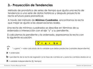 3.- Proyección de Tendencias Método de pronóstico de series de tiempo que ajusta una recta de tendencia a una serie de datos históricos y después proyecta la recta al futuro para pronosticar. A través del método de  Mínimos Cuadrados , encontramos la recta que mejor se ajuste a las observaciones reales. Una recta de mínimos cuadrados se describe en términos de su ordenada o intersección con el eje “y” y su pendiente. Si calculamos la pendiente y la ordenada, expresamos la recta con la siguiente ecuación: y  =  a  +  b x y “  y gorro” = valor calculado de la variable que debe predecirse (variable dependiente) a   =  ordenada b  =  pendiente de la recta de regresión (o la tasa de cambio en y para los cambios dados en x) X  =  variable independiente (Ej: tiempo) Profesora: Paulina Mayorga Peralta  Gestión de Operaciones  