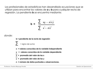Los profesionales de estadísticas han desarrollado ecuaciones que se utilizan para encontrar los valores de  a  y  b  para cualquier recta de regresión. La pendiente  b  se encuentra mediante: xy  -  n  x y x  -  n  x 2 2 b  =  b = pendiente de la recta de regresión x  = valores conocidos de la variable independiente y  =  valores conocidos de la variable dependiente x  =  promedio del valor de las x y  =  promedio del valor de las y n  = número de datos puntuales u observaciones. = signo de suma donde: Profesora: Paulina Mayorga Peralta  Gestión de Operaciones  
