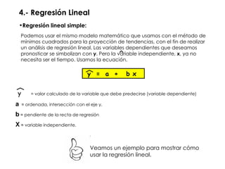 4.- Regresión Lineal Podemos usar el mismo modelo matemático que usamos con el método de mínimos cuadrados para la proyección de tendencias, con el fin de realizar un análisis de regresión lineal. Las variables dependientes que deseamos pronosticar se simbolizan con  y . Pero la variable independiente,  x , ya no necesita ser el tiempo. Usamos la ecuación. y  =  a  +  b x y = valor calculado de la variable que debe predecirse (variable dependiente) a   =  ordenada, intersección con el eje y. b  =  pendiente de la recta de regresión  X  =  variable independiente. Veamos un ejemplo para mostrar cómo usar la regresión lineal. Regresión lineal simple: 
