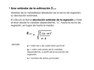 Error estándar de la estimación  S   y,x Medida de la variabilidad alrededor de la recta de regresión, su desviación estándar. El cálculo se llama  desviación estándar de la regresión  y mide el error desde la variable dependiente, “y”, hasta la recta de regresión, en lugar de hasta la media.  S  y,x ( y – y c  ) 2 = n  - 2 donde:  y  = valor de y de cada dato puntual y c  = valor calculado de la variable dependiente, a partir de la ecuación de regresión. n  = número de datos puntuales 