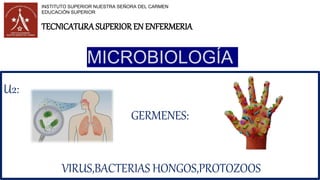 MICROBIOLOGÍA
INSTITUTO SUPERIOR NUESTRA SEÑORA DEL CARMEN
EDUCACIÓN SUPERIOR
TECNICATURASUPERIOR EN ENFERMERIA
U2:
GERMENES:
VIRUS,BACTERIAS HONGOS,PROTOZOOS
 