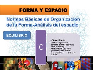 FORMA Y ESPACIO

EQUILIBRIO
• Direcciones

C

• Lectura: Izquierda o
derecha, arriba o abajo (ley
de la gravedad).
• Arriba/Abajo: Ley de la
gravedad (peso visual).
• Izquierda/Derecha: Orden de
lectura.

 