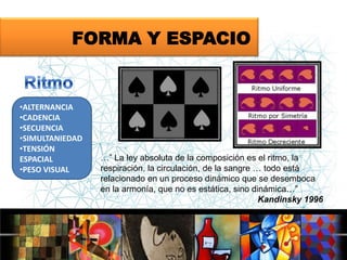 FORMA Y ESPACIO

•ALTERNANCIA
•CADENCIA
•SECUENCIA
•SIMULTANIEDAD
•TENSIÓN
ESPACIAL
•PESO VISUAL

…” La ley absoluta de la composición es el ritmo, la
respiración, la circulación, de la sangre … todo está
relacionado en un proceso dinámico que se desemboca
en la armonía, que no es estática, sino dinámica…”
Kandinsky 1996

 