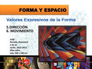 FORMA Y ESPACIO

5.DIRECCIÓN
6. MOVIMIENTO
Luigi
Russolo, Dinamism
o de un
coche, 1912-1913.
Óleo sobre
tela, 106 x 140 cm.

 