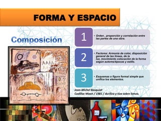 FORMA Y ESPACIO

1

• Orden , proporción y correlación entre
las partes de una obra.

2

• Factores: Armonía de color, disposición
general de las líneas, de la
luz, movimiento colocación de la forma
según autores/épocas y estilo.

3

• Esquemas o figura formal simple que
unifica los elementos.

Jean-Michel Basquiat
Cadillac Moon / 1981 / Acrílico y tiza sobre lienzo.

 