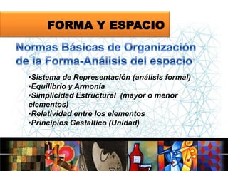 FORMA Y ESPACIO

•Sistema de Representación (análisis formal)
•Equilibrio y Armonía
•Simplicidad Estructural (mayor o menor
elementos)
•Relatividad entre los elementos
•Principios Gestaltico (Unidad)

 