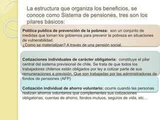 La estructura que organiza los beneficios, se 
conoce como Sistema de pensiones, tres son los 
pilares básicos: 
Política publica de prevención de la pobreza: son un conjunto de 
medidas que toman los gobiernos para prevenir la pobreza en situaciones 
de vulnerabilidad. 
¿Como se materializan? A través de una pensión social. 
Cotizaciones individuales de carácter obligatoria: constituye el pilar 
central del sistema previsional de chile. Se trata de que todos los 
trabajadores chilenos están obligados por ley a cotizar parte de sus 
remuneraciones a previsión. Que son trabajadas por las administradoras de 
fondos de pensiones (AFP) 
Cotización individual de ahorro voluntario: ocurre cuando las personas 
realizan ahorros voluntarios que complementes sus cotizaciones 
obligatorias, cuentas de ahorro, fondos mutuos, seguros de vida, etc… 
 