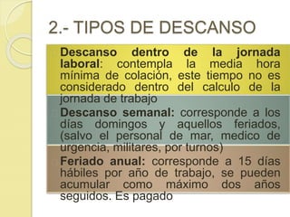 2.- TIPOS DE DESCANSO 
Descanso dentro de la jornada 
laboral: contempla la media hora 
mínima de colación, este tiempo no es 
considerado dentro del calculo de la 
jornada de trabajo 
Descanso semanal: corresponde a los 
días domingos y aquellos feriados, 
(salvo el personal de mar, medico de 
urgencia, militares, por turnos) 
Feriado anual: corresponde a 15 días 
hábiles por año de trabajo, se pueden 
acumular como máximo dos años 
seguidos. Es pagado 
 