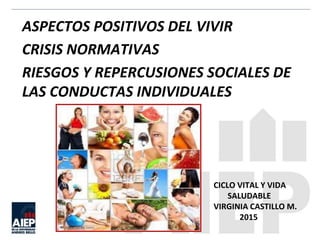 CICLO VITAL Y VIDA
SALUDABLE
VIRGINIA CASTILLO M.
2015
ASPECTOS POSITIVOS DEL VIVIR
CRISIS NORMATIVAS
RIESGOS Y REPERCUSIONES SOCIALES DE
LAS CONDUCTAS INDIVIDUALES
 