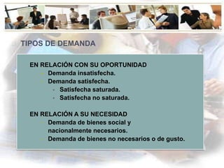 Estudio de mercado



  ESTUDIO DE MERCADO
     TIPOS DE DEMANDA

           EN RELACIÓN CON SU OPORTUNIDAD
               Demanda insatisfecha.
              • Demanda satisfecha.
                  Satisfecha saturada.
                  Satisfecha no saturada.


           EN RELACIÓN A SU NECESIDAD
              • Demanda de bienes social y
                nacionalmente necesarios.
              • Demanda de bienes no necesarios o de gusto.



MSc. Celeste Crasto
todariquiba@cantv.net
 