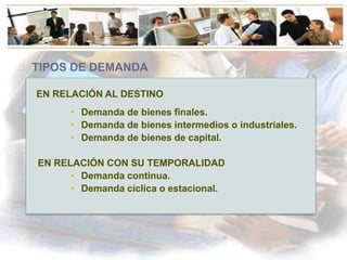 Estudio de mercado


 ESTUDIO DE MERCADO
     TIPOS DE DEMANDA

       EN RELACIÓN AL DESTINO
                   • Demanda de bienes finales.
                   • Demanda de bienes intermedios o industriales.
                   • Demanda de bienes de capital.

        EN RELACIÓN CON SU TEMPORALIDAD
              • Demanda continua.
              • Demanda cíclica o estacional.




MSc. Celeste Crasto
todariquiba@cantv.net
 
