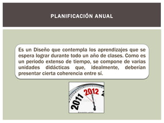 PLANIFICACIÓN ANUAL




Es un Diseño que contempla los aprendizajes que se
espera lograr durante todo un año de clases. Como es
un periodo extenso de tiempo, se compone de varias
unidades didácticas que, idealmente, deberían
presentar cierta coherencia entre sí.
 