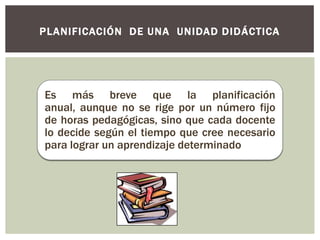 PLANIFICACIÓN DE UNA UNIDAD DIDÁCTICA




Es más breve que la planificación
anual, aunque no se rige por un número fijo
de horas pedagógicas, sino que cada docente
lo decide según el tiempo que cree necesario
para lograr un aprendizaje determinado
 