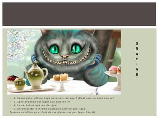 G
                                                                           R
                                                                           A
                                                                           C
                                                                           I
                                                                           A
                                                                           S




• A: Señor gato, ¿Cómo hago para salir de aquí? ¿Cuál camino debo tomar?
• G: ¿Eso depende del lugar que quieras ir?
• A: La verdad es que me da igual
• G: Entonces da lo mismo cualquier camino que sigas”
Tomado de Alicia en el País de las Maravillas por Lewis Carroll
 
