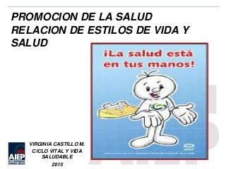 PROMOCION DE LA SALUD
RELACION DE ESTILOS DE VIDA Y
SALUD
VIRGINIA CASTILLO M.
CICLO VITAL Y VIDA
SALUDABLE
2015
 
