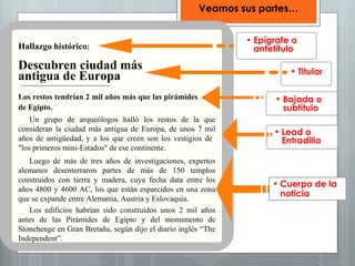 Veamos sus partes…


                                                               • Epígrafe o
Hallazgo histórico:                                              antetítulo
Descubren ciudad más                                                     • Titular
antigua de Europa
Los restos tendrían 2 mil años más que las pirámides                 • Bajada o
de Egipto.                                                             subtítulo
    Un grupo de arqueólogos halló los restos de la que
consideran la ciudad más antigua de Europa, de unos 7 mil            • Lead o
años de antigüedad, y a los que creen son los vestigios de             Entradilla
"los primeros mini-Estados" de ese continente.
   Luego de más de tres años de investigaciones, expertos
alemanes desenterraron partes de más de 150 templos
construidos con tierra y madera, cuya fecha data entre los
                                                                     • Cuerpo de la
años 4800 y 4600 AC, los que están esparcidos en una zona
                                                                       noticia
que se expande entre Alemania, Austria y Eslovaquia.
   Los edificios habrían sido construidos unos 2 mil años
antes de las Pirámides de Egipto y del monumento de
Stonehenge en Gran Bretaña, según dijo el diario inglés “The
Independent”.
 