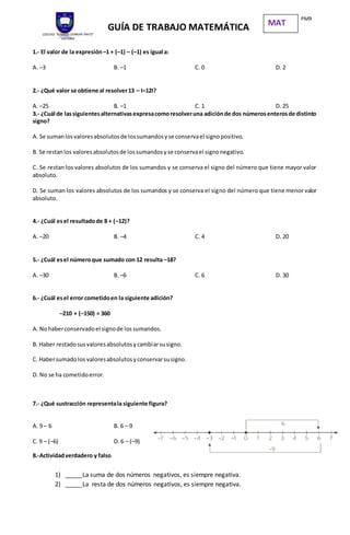 COLEGIO “IGNACIO CARRERA PINTO”
VICTORIA
GUÍA DE TRABAJO MATEMÁTICA
PMR
MAT
1.- El valor de la expresión –1 + (–1) – (–1) es igual a:
A. –3 B. –1 C. 0 D. 2
2.- ¿Qué valor se obtiene al resolver13 – I–12I?
A. –25 B. –1 C. 1 D. 25
3.- ¿Cuál de lassiguientesalternativasexpresacomoresolveruna adiciónde dos númerosenterosde distinto
signo?
A. Se sumanlosvaloresabsolutosde lossumandosyse conservael signopositivo.
B. Se restanlos valoresabsolutosde lossumandosyse conservael signonegativo.
C. Se restan los valores absolutos de los sumandos y se conserva el signo del número que tiene mayor valor
absoluto.
D. Se suman los valores absolutos de los sumandos y se conserva el signo del número que tiene menor valor
absoluto.
4.- ¿Cuál esel resultadode 8 + (–12)?
A. –20 B. –4 C. 4 D. 20
5.- ¿Cuál esel númeroque sumado con 12 resulta –18?
A. –30 B. –6 C. 6 D. 30
6.- ¿Cuál esel error cometidoen la siguiente adición?
–210 + (–150) = 360
A. Nohaberconservadoel signode lossumandos.
B. Haber restadosusvaloresabsolutosycambiarsusigno.
C. Habersumadolos valoresabsolutosyconservarsusigno.
D. No se ha cometidoerror.
7.- ¿Qué sustracción representala siguiente figura?
A. 9 – 6 B. 6 – 9
C. 9 – (–6) D. 6 – (–9)
8.-Actividadverdadero y falso
1) _____La suma de dos números negativos, es siempre negativa.
2) _____La resta de dos números negativos, es siempre negativa.
 