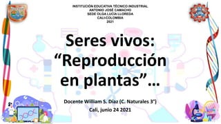 Seres vivos:
“Reproducción
en plantas”…
Docente William S. Díaz (C. Naturales 3°)
Cali, junio 24 2021
INSTITUCIÓN EDUCATIVA TÉCNICO INDUSTRIAL
ANTONIO JOSÉ CAMACHO
SEDE OLGA LUCÍA LLOREDA
CALI-COLOMBIA
2021
 
