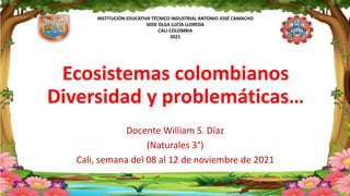 INSTITUCIÓN EDUCATIVA TÉCNICO INDUSTRIAL ANTONIO JOSÉ CAMACHO
SEDE OLGA LUCÍA LLOREDA
CALI-COLOMBIA
2021
Ecosistemas colombianos
Diversidad y problemáticas…
Docente William S. Díaz
(Naturales 3°)
Cali, semana del 08 al 12 de noviembre de 2021
 