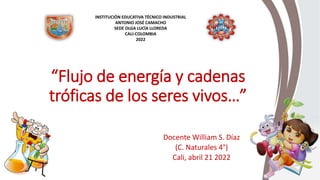 “Flujo de energía y cadenas
tróficas de los seres vivos…”
Docente William S. Díaz
(C. Naturales 4°)
Cali, abril 21 2022
INSTITUCIÓN EDUCATIVA TÉCNICO INDUSTRIAL
ANTONIO JOSÉ CAMACHO
SEDE OLGA LUCÍA LLOREDA
CALI-COLOMBIA
2022
 
