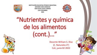 “Nutrientes y química
de los alimentos
(cont.)…”
Docente William S. Díaz
(C. Naturales 4°)
Cali, junio 02 2022
INSTITUCIÓN EDUCATIVA TÉCNICO INDUSTRIAL
ANTONIO JOSÉ CAMACHO
SEDE OLGA LUCÍA LLOREDA
CALI-COLOMBIA
2022
 