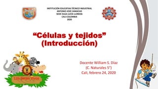 “Células y tejidos”
(Introducción)
Docente William S. Díaz
(C. Naturales 5°)
Cali, febrero 24, 2020
INSTITUCIÓN EDUCATIVA TÉCNICO INDUSTRIAL
ANTONIO JOSÉ CAMACHO
SEDE OLGA LUCÍA LLOREDA
CALI-COLOMBIA
2020
 