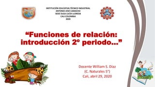 “Funciones de relación:
introducción 2º periodo…”
Docente William S. Díaz
(C. Naturales 5°)
Cali, abril 29, 2020
INSTITUCIÓN EDUCATIVA TÉCNICO INDUSTRIAL
ANTONIO JOSÉ CAMACHO
SEDE OLGA LUCÍA LLOREDA
CALI-COLOMBIA
2020
 