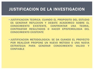 JUSTIFICACION DE LA INVESTIGACION
 JUSTIFICACION TEORICA: CUANDO EL PROPOSITO DEL ESTUDIO
ES GENERAR REFLEXION Y DEBATE ACADEMICO SOBRE EL
CONOCIMIENTO EXISTENTE, CONFRONTAR UNA TEORIA,
CONTRASTAR RESULTADOS O HACER EPISTEMOLOGIA DEL
CONOCIMIENTO EXISTENTE
 JUSTIFICACION METODOLOGICA: SE DA CUANDO EL PROYECTO
POR REALIZAR PROPONE UN NUEVO METODO O UNA NUEVA
ESTRATEGIA PARA GENERAR CONOCIMIENTO VALIDO Y
CONFIABLE

 