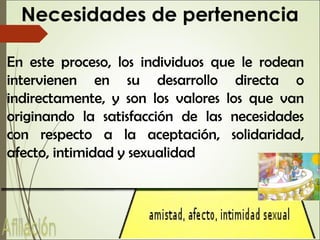 Necesidades de pertenencia
En este proceso, los individuos que le rodean
intervienen en su desarrollo directa o
indirectamente, y son los valores los que van
originando la satisfacción de las necesidades
con respecto a la aceptación, solidaridad,
afecto, intimidad y sexualidad
 