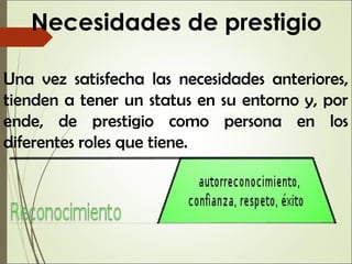 Necesidades de prestigio
Una vez satisfecha las necesidades anteriores,
tienden a tener un status en su entorno y, por
ende, de prestigio como persona en los
diferentes roles que tiene.
 