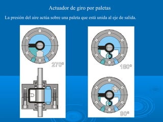 Actuador de giro por paletas
La presión del aire actúa sobre una paleta que está unida al eje de salida.
 