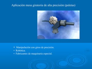 Aplicación mesa giratoria de alta precisión (paletas)
• Manipulación con giros de precisión.
• Robótica.
• Fabricantes de maquinaria especial.
 