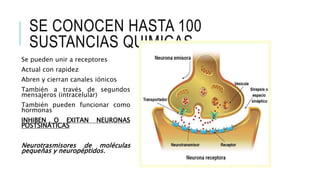 SE CONOCEN HASTA 100
SUSTANCIAS QUIMICAS
Se pueden unir a receptores
Actual con rapidez
Abren y cierran canales iónicos
También a través de segundos
mensajeros (intracelular)
También pueden funcionar como
hormonas
INHIBEN O EXITAN NEURONAS
POSTSINÁTICAS
Neurotrasmisores de moléculas
pequeñas y neuropéptidos.
 