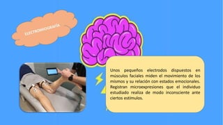 Unos pequeños electrodos dispuestos en
músculos faciales miden el movimiento de los
mismos y su relación con estados emocionales.
Registran microexpresiones que el individuo
estudiado realiza de modo inconsciente ante
ciertos estímulos.
 