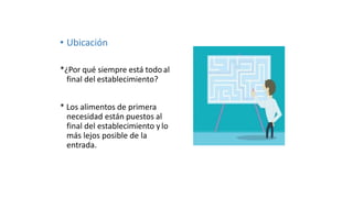 • Ubicación
*¿Por qué siempre está todoal
final del establecimiento?
* Los alimentos de primera
necesidad están puestos al
final del establecimiento ylo
más lejos posible de la
entrada.
 