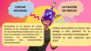 CONTAR
HISTORIAS
LA FIJACIÓN
DE PRECIOS
Storytelling es la técnica de contar
historias en las campañas. Los estudios
de neuromarketing evidenciaron que, al
crear un contexto y una historia en los
anuncios,
mostraban
los consumidores se
más comprometidos
emocionalmente.
¿Sabes cómo definir un precio que
atraiga a más clientes? Ya es
bastante conocida la estrategiade
“S/9.99 es más atractivo que
S/10”.
 