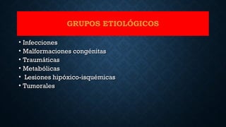 GRUPOS ETIOLÓGICOS
• InfeccionesInfecciones
• Malformaciones congénitasMalformaciones congénitas
• TraumáticasTraumáticas
• MetabólicasMetabólicas
• Lesiones hipóxico-isquémicasLesiones hipóxico-isquémicas
• TumoralesTumorales
 